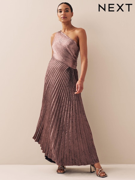 Pink One Shoulder Metallic Pleated Midi Dress (U76903) | €46