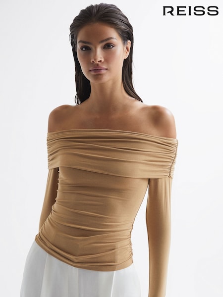 Reiss Camel Hudson Off-Shoulder Long Sleeve Top (U77089) | €18