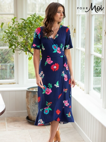 Pour Moi Navy Blue Multi Print Megan Fuller Bust Slinky Jersey Frill Detail Midi Wrap Dress (U77305) | €37