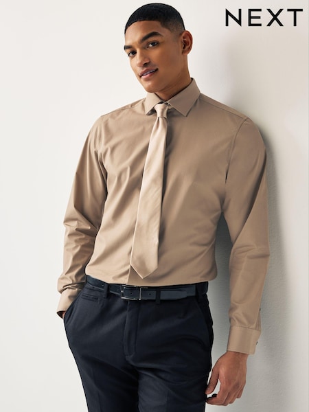 Neutral Brown Single Cuff Shirt And Tie Pack (U77342) | €5