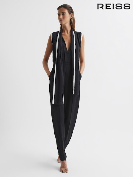 Reiss Black Celina Neck Tie Wide Leg Jumpsuit (U77392) | €345
