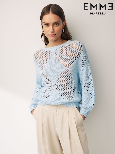 Emme by Marella Motto Blue Geo Loose Knit Jumper (U77430) | 522 LEI