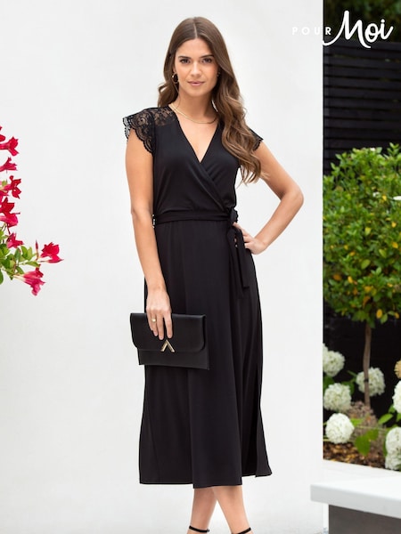 Pour Moi Black Julie Slinky Jersey Lace Trim Midi Dress (U77691) | ₪246