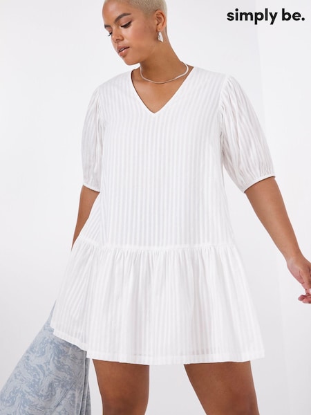 Simply Be White V-Neck Dropped Waist 100% Cotton Dress (U77766) | 178 QAR