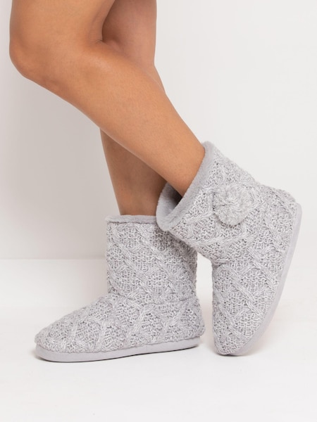 Grijs - Pour Moi - Kabelgebreide pantoffellaarsjes met imitatiebontvoeing (U77845) | € 19