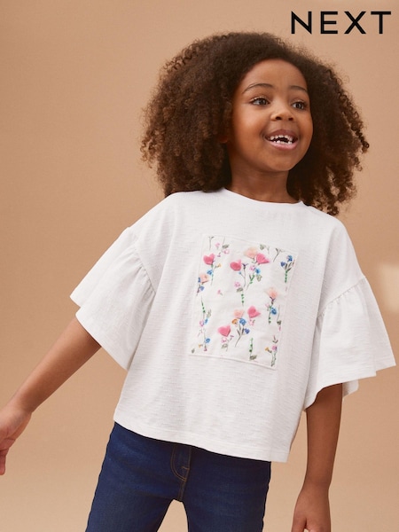 White Textured Floral Applique Frill 100% Cotton Sleeve T-Shirt (3-16yrs) (U77901) | € 4 - € 5