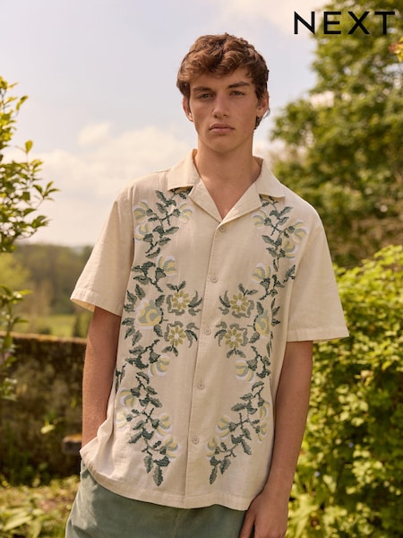 Ecru alb - Short Sleeve Floral Embroidered Cotton/Linen Mix Shirt (U78255) | 127 LEI