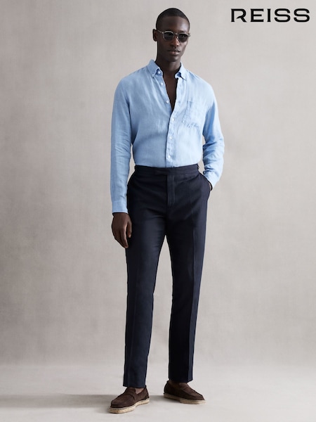 Reiss Navy Kin Slim Fit Linen Trousers (U79028) | AED1,066