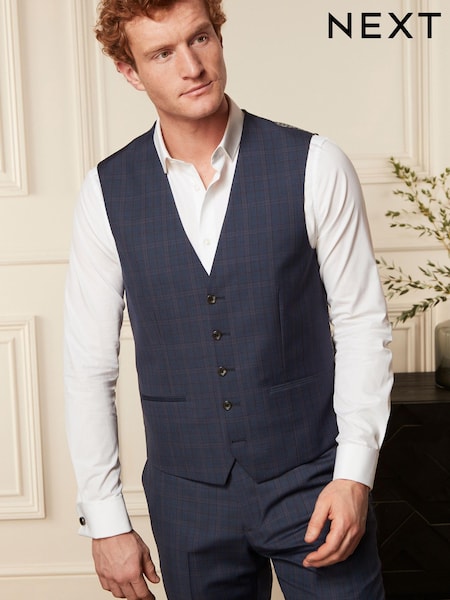 Bright Blue Wool Blend Check Suit Waistcoat (U79067) | €11 - €12