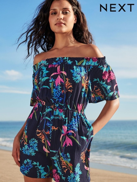 Bleu marine à fleurs - Off Shoulder Playsuit (U80225) | € 2