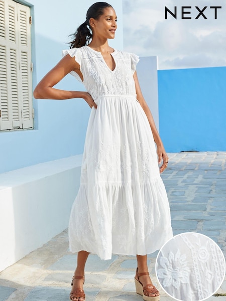White Embroidered Cotton V-Neck Tiered Midi Summer Dress (U80265) | €16