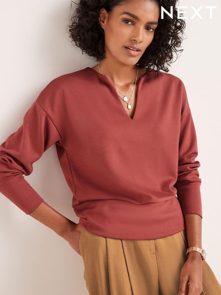 Rust Brown Long Sleeve Slinky Notch Neck Top (U81028) | € 23