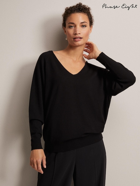 Phase Eight Black Senita Fine Knit V-Neck Jumper (U81457) | €115