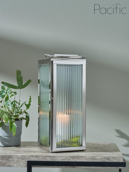 Pacific Silver/White Shiny Nickel Ribbed Glass Small Lantern (U81531) | €163
