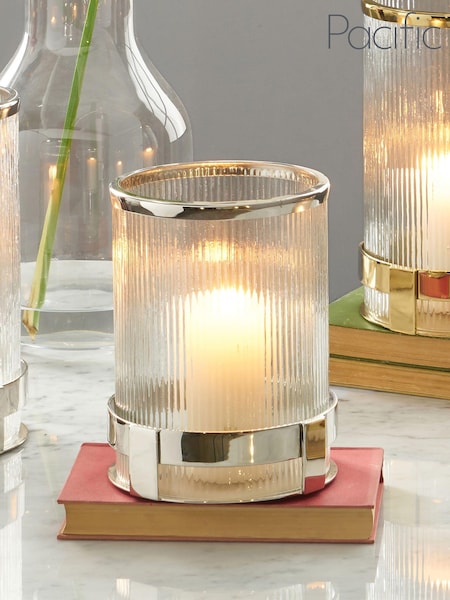 Pacific Silver Metal And Textured Glass Hurricane Candle Holder (U81547) | €95