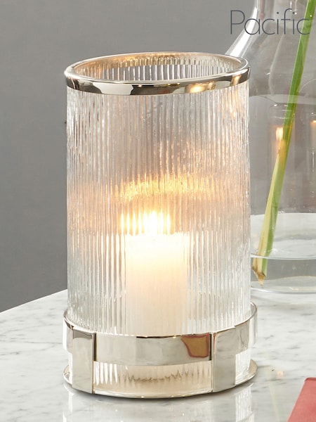 Pacific Silver Tall Metal And Textured Glass Hurricane Candle Holder (U81548) | €102