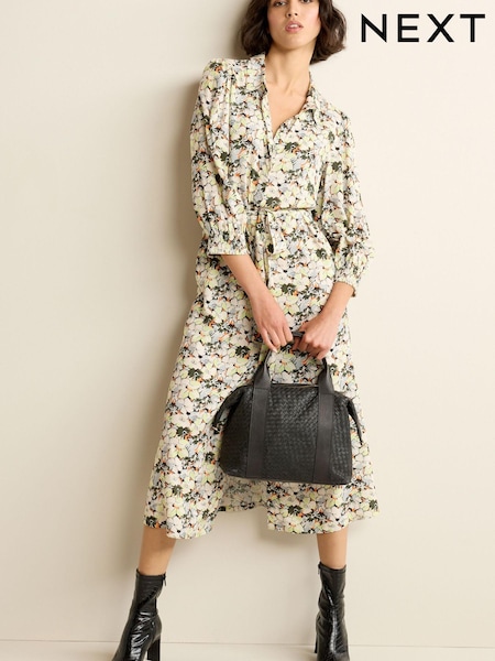Neutral Floral Print Belted Long Sleeve Button Through Shirt Dress (U82129) | €23.50