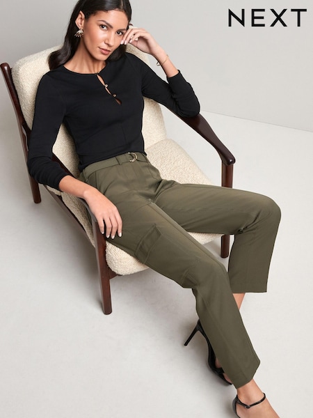 Khaki Green Smart Utility Cargo Belted Taper Trousers (U82178) | €6
