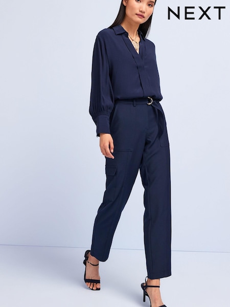 Navy Blue Smart Utility Cargo Belted Taper Trousers (U82179) | €9