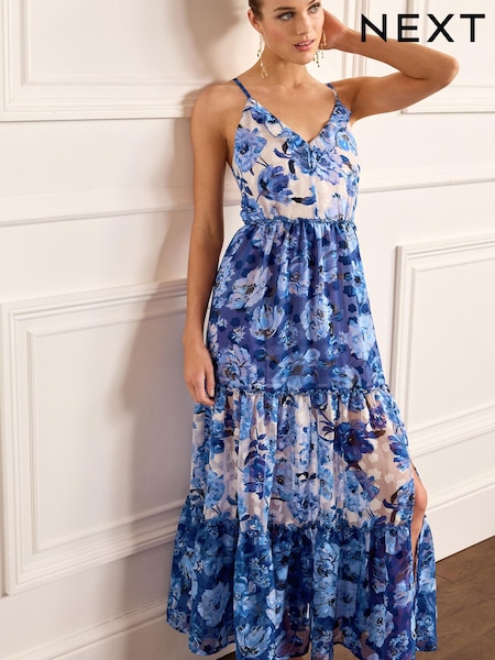 Blue/White Floral Maxi Tiered Ruffle Dress (U83097) | €30
