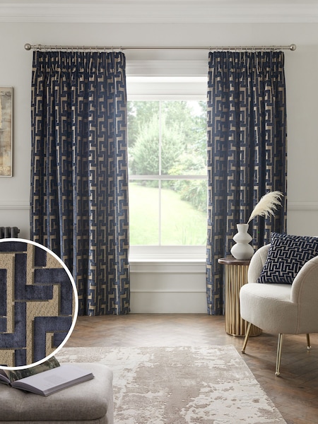 Navy Blue Next Collection Luxe Fretwork Heavyweight Velvet Pencil Pleat Lined Curtains (U83309) | €45 - €89