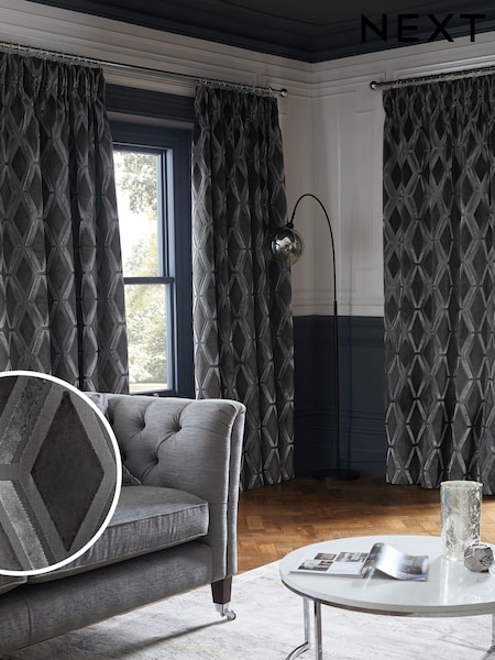 Charcoal Grey Next Collection Luxe Heavyweight Geometric Cut Velvet Pencil Pleat Lined Curtains (U83334) | €86 - €179