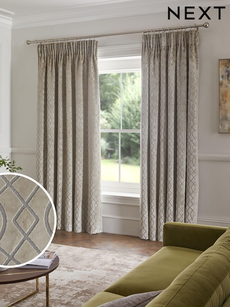 Champagne Gold Next Collection Luxe Heavyweight Maeve Damask Velvet Pencil Pleat Lined Curtains (U83336) | €112 - €232