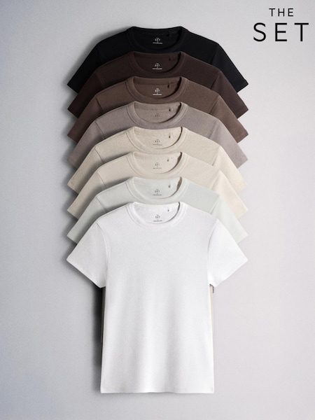 Black/Brown/Neutral/Oat/Cream/White - The Set 8 Pack Ribbed Short Sleeve T-shirts