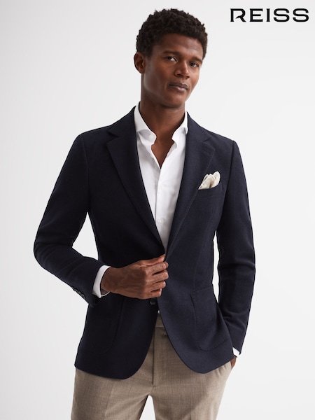 Reiss Navy Select Single Breasted Slim Fit Flannel Blazer (U83798) | AED2,146