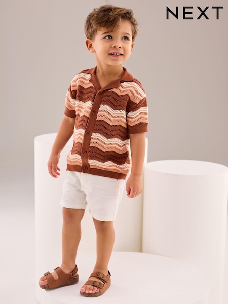 Brown/Cream Crochet Pattern 100% Cotton Short Sleeved Polo Shirt (3mths-7yrs) (U83802) | €5 - €6
