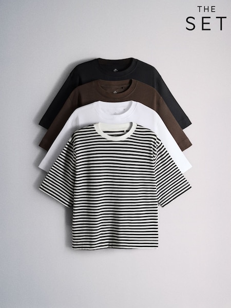 Black/White/Brown/Stripe - The Set 4 Pack Heavyweight Short Sleeve T-shirts