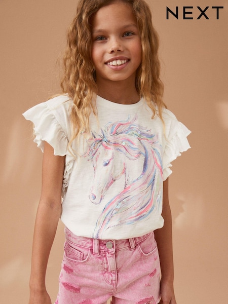 Ecru White 100% Cotton Sequin Unicorn Frill Sleeve T-Shirt (3-16yrs) (U84760) | €7 - €10