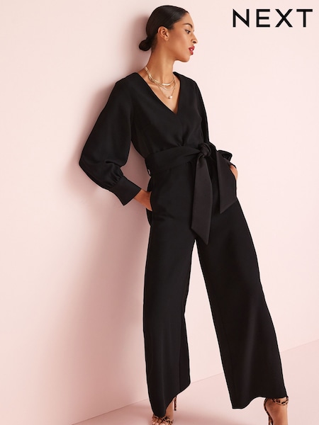 Schwarz - Tailored-Overall mit weitem Bein und Gürtel (U85397) | 50 €