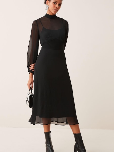 Черный - Long Sleeve High Neck Sheer Layer Midi Dress (U87295) | €29