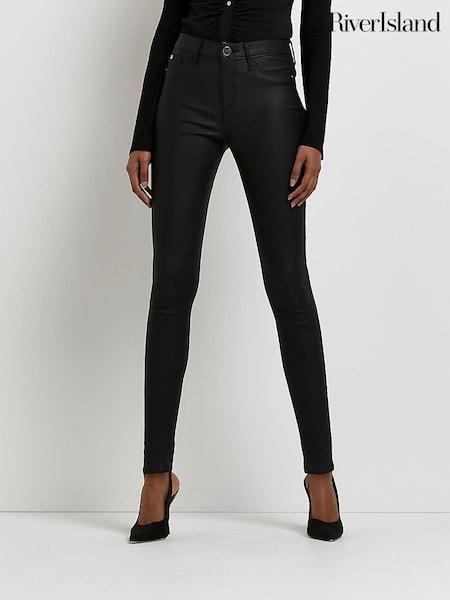 River Island Black Mid Rise Coated Super Skinny 100% Cotton Jeans (U87628) | €65
