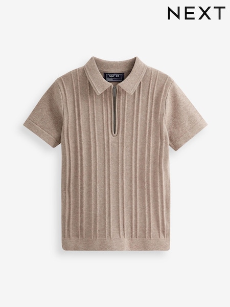 Серо-коричневый - Short Sleeve Textured Zip Neck Polo Shirt (3-16yrs) (U88593) | €7 - €10