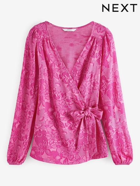 Pink - Long Sleeve Tie Wrap Jacquard Top (U88848) | 21 €
