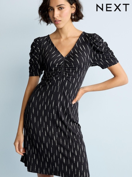 Black/White Dash Ruched V-Neck Short Sleeve Midi Tea Dress (U89085) | €14