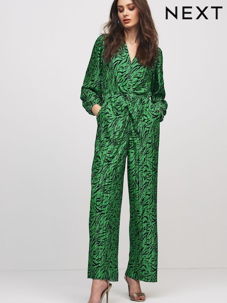 Green Zebra Print Long Sleeve Plissé Jumpsuit (U89100) | €27