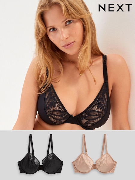 Black/Nude DD+ Non Pad Plunge Lace Detail Bras 2 Pack (U89180) | € 5