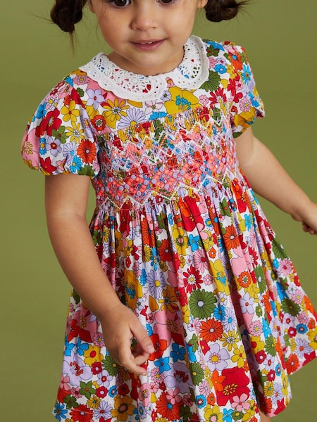 Multi Bright Retro Printed Lace Collar Shirred Cotton Dress (3mths-8yrs) (U89986) | € 18 - € 23