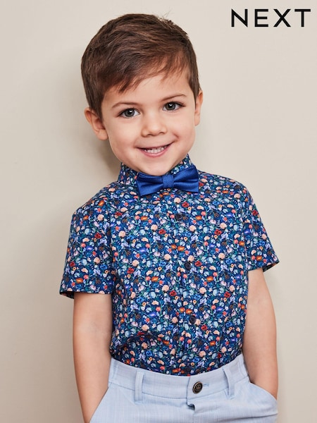 Navy Blue Ditsy Floral Short Sleeve Shirt & Bow Tie Set (3mths-7yrs) (U92840) | €10 - €11