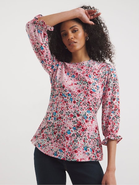JD Williams Pink Floral Three Quarter Sleeve Empire Seam Tea Top (U93042) | €7.50