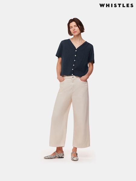 Whistles Blue 100% Cotton V-Neck Maeve Button Front T-Shirt (U93108) | 121 QAR