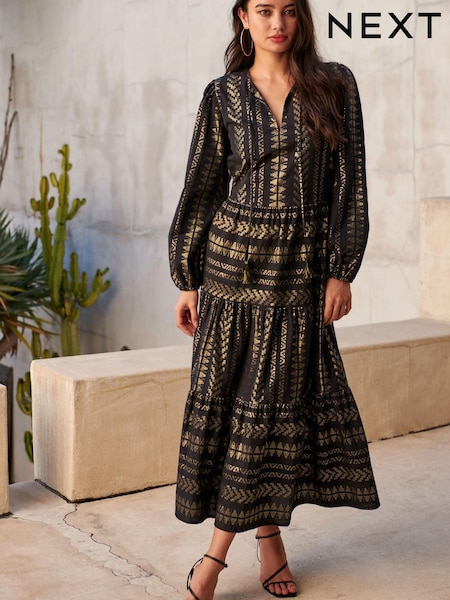 Czarno-złoty - Jacquard Kaftan Style Midi Dress (U93119) | 145 zł
