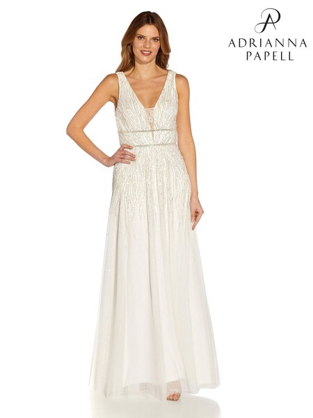 Adrianna Papell White Beaded Mesh Chiffon Gown (U93263) | 182 €