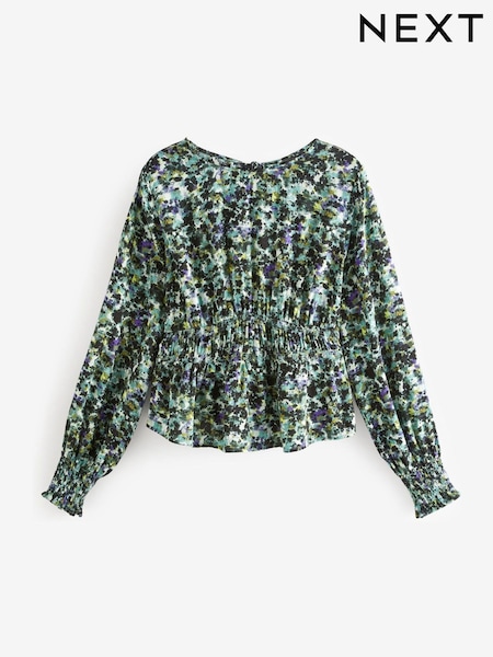 Blau mit floralem Muster - Long Sleeve Waisted Top (U94455) | 21 €