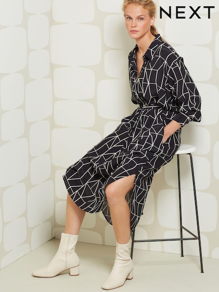 Grau - Scion Grey Geo Long Sleeve Midi Dress (U94828) | 41 €