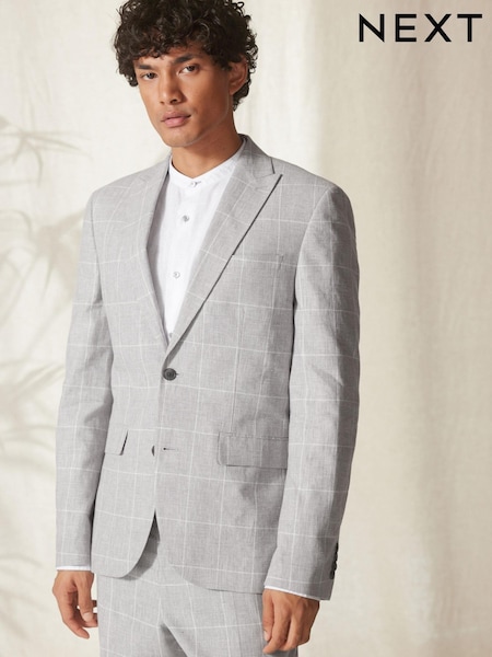 Light Grey Slim Fit Linen Blend Check Suit Jacket (U95954) | €61