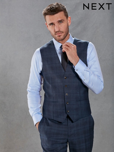 Bright Blue Tailored Signature Marzotto Italian Fabric Check Suit Waistcoat (U95982) | €49